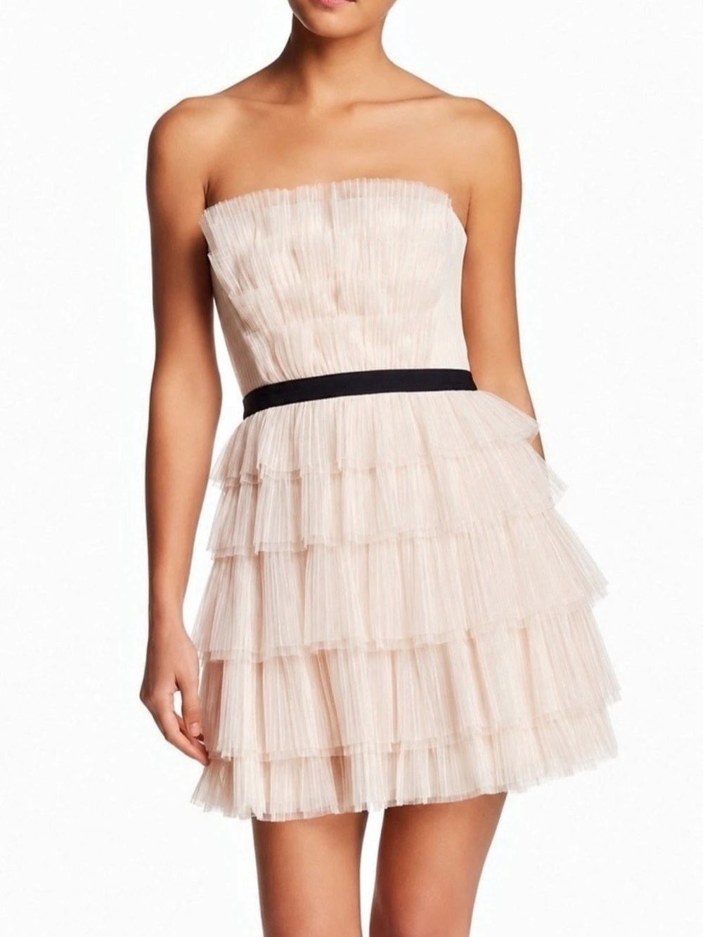 BCBG MAXAZRIA Strapless Tiered Tulle Mini Beige Dress Sz XS / 02